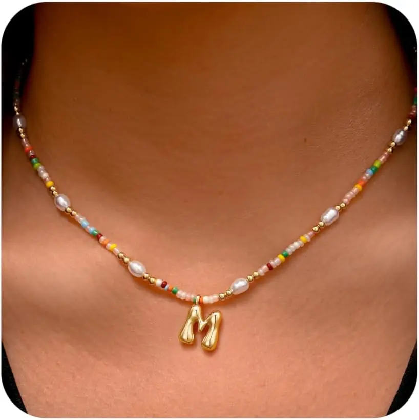 Initial Necklaces for Women Girls Kids - Light Colorful Beaded Pearl Initial Necklace Gold/Silver Bubble Pendant Letter Necklace for Women Teens Girls Kids Birthday Gifts