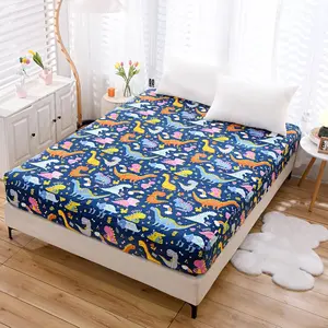 Bedding Fitted Sheet with Deep Pocket for Boys Girls Full Size Bed Dino Printed Thicken Fabric Bed Sheets Navy Blue Dinosaur Full
