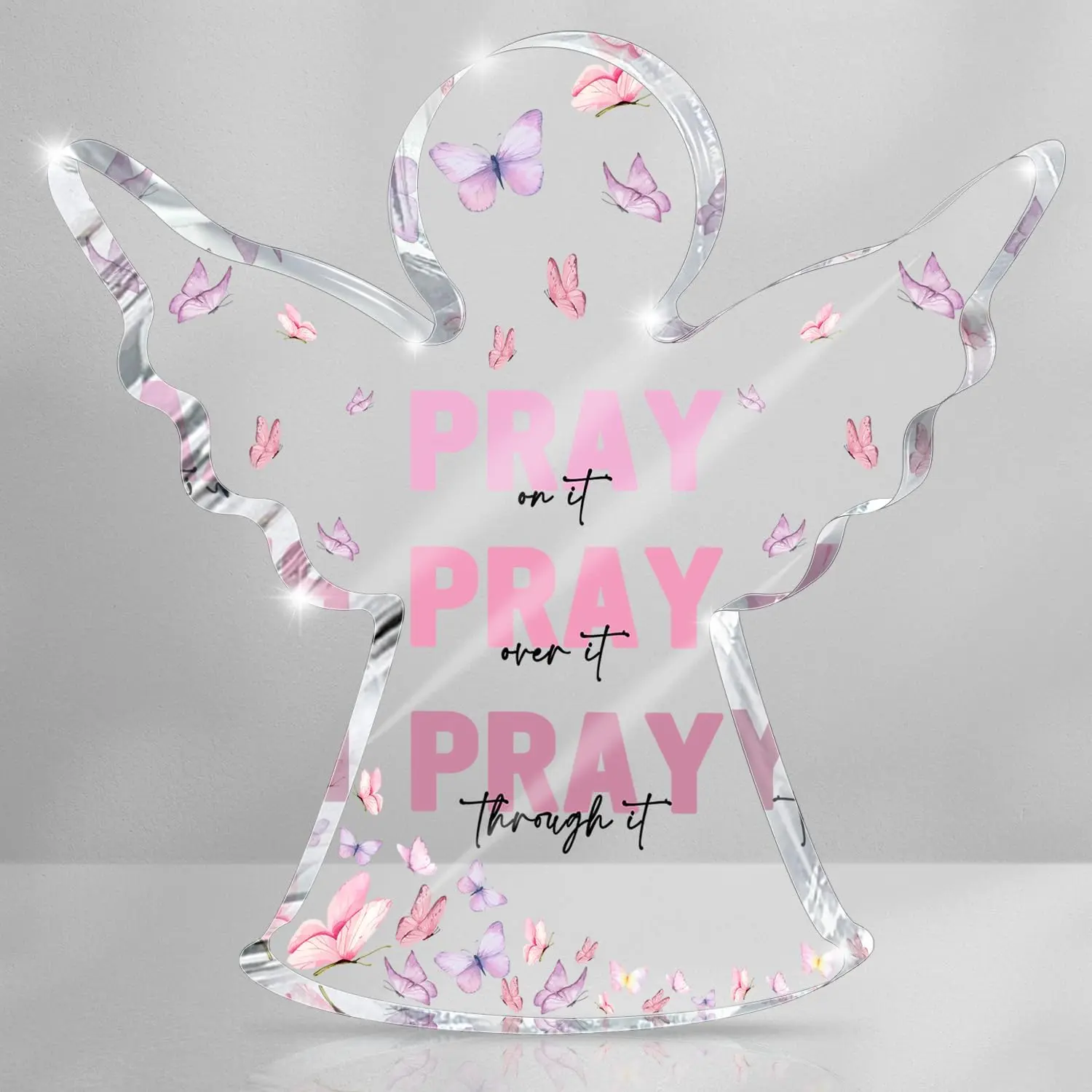 Pink Home Office Desk Accessories, Acrylic Memorial Gift, Dorm Room Decor for Women, Christian Gifts for Women, Remembrance Gifts, Pray Over It- Bible Verse Desk Art, Acrylic Desktop Decoration, Acrylic Desktop Sign, Desk Signs