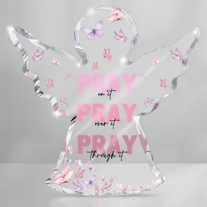 Pink Home Office Desk Accessories, Acrylic Memorial Gift, Dorm Room Decor for Women, Christian Gifts for Women, Remembrance Gifts, Pray Over It- Bible Verse Desk Art, Acrylic Desktop Decoration