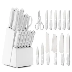 15 Pieces, Kitchen Knife Set, Solid Wooden Knife Holder, Plastic Knife Holder, Chef's Knife, Japanese Knife, Meat Knife, Bread Knife, Steak Knife, Fruit Knife, Scissors, Meat and Vegetable Cutter,  Gift Set Kitchenware Sturdy Stylish Stainless Steel