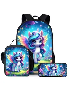 Unicorn & Pony Print 3-Piece Youth Kawaii Backpack Set (Backpack, Lunch Bag, Pencil Case) Unicorn And Pony Backpack