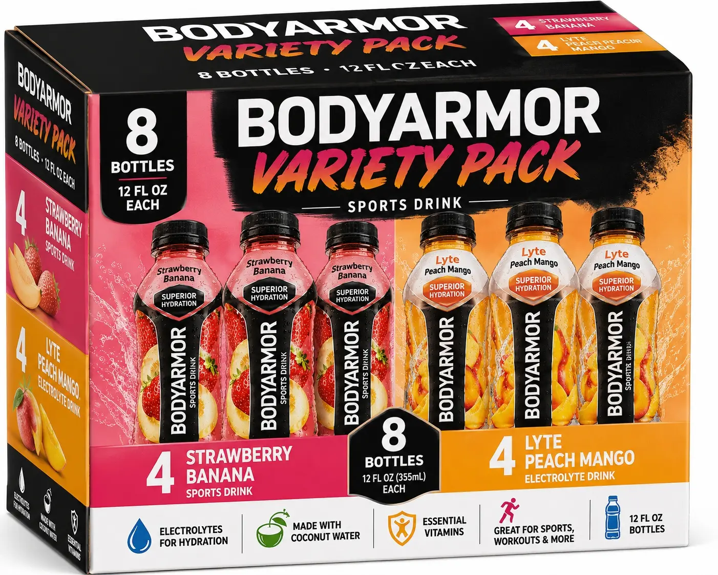 BODYARMOR Variety Pack Sports Drink, 8 Bottles (12 fl oz Each) – Strawberry Banana & Lyte Peach Mango Mixed Pack, Electrolyte Hydration Beverage with Vitamins & Coconut Water [pack of 4]