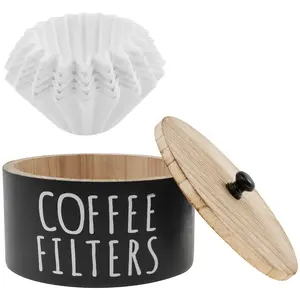 Wood Coffee Filter Holder with Lid and 50 Pcs Coffee Filters Round Pod Organizer Large Capacity Tea Bag Organizer for Bar Counter Decor