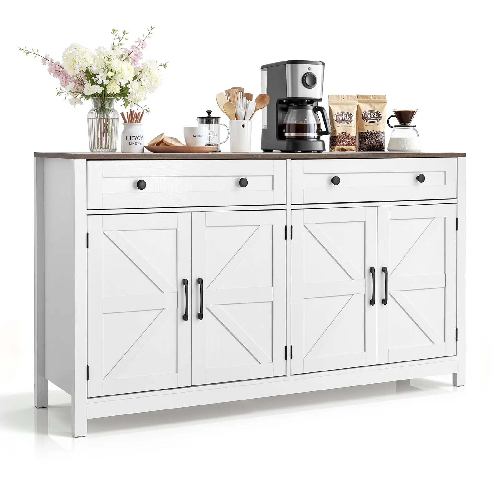 VEVOR Coffee Bar Cabinet, Farmhouse Coffee Bar Table with 2 Drawers, Buffet Stand Cabinet with 4 Barn Doors, Sideboard Buffet Station for Living Room, Entryway, Kitchen, 55.1 x 15.5 x 31.5 in, White