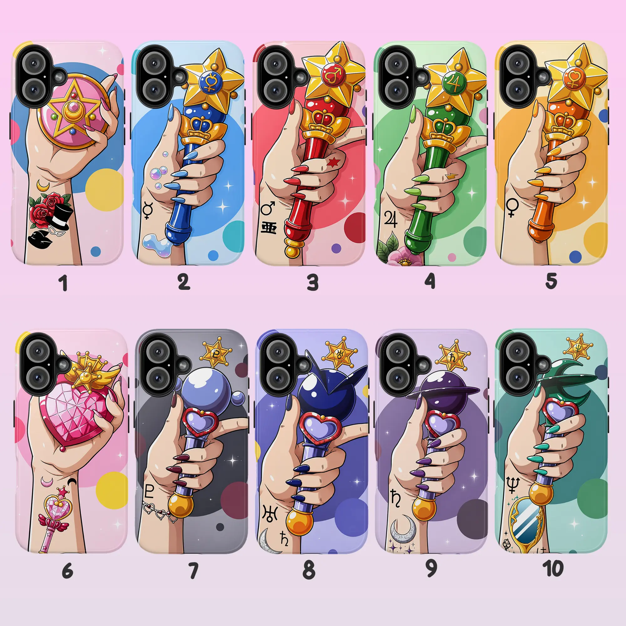 Retro 90s Magical Girl Anime Aesthetic Durable Smartphone Case - 10 Cute Transformation Wand, Star Compact Designs, Wireless-Safe, Glossy Finish, Shockproof Rubber-Polycarbonate Casing for Multi-Model iPhone (Incl. iPhone 15), Cellphone Devices