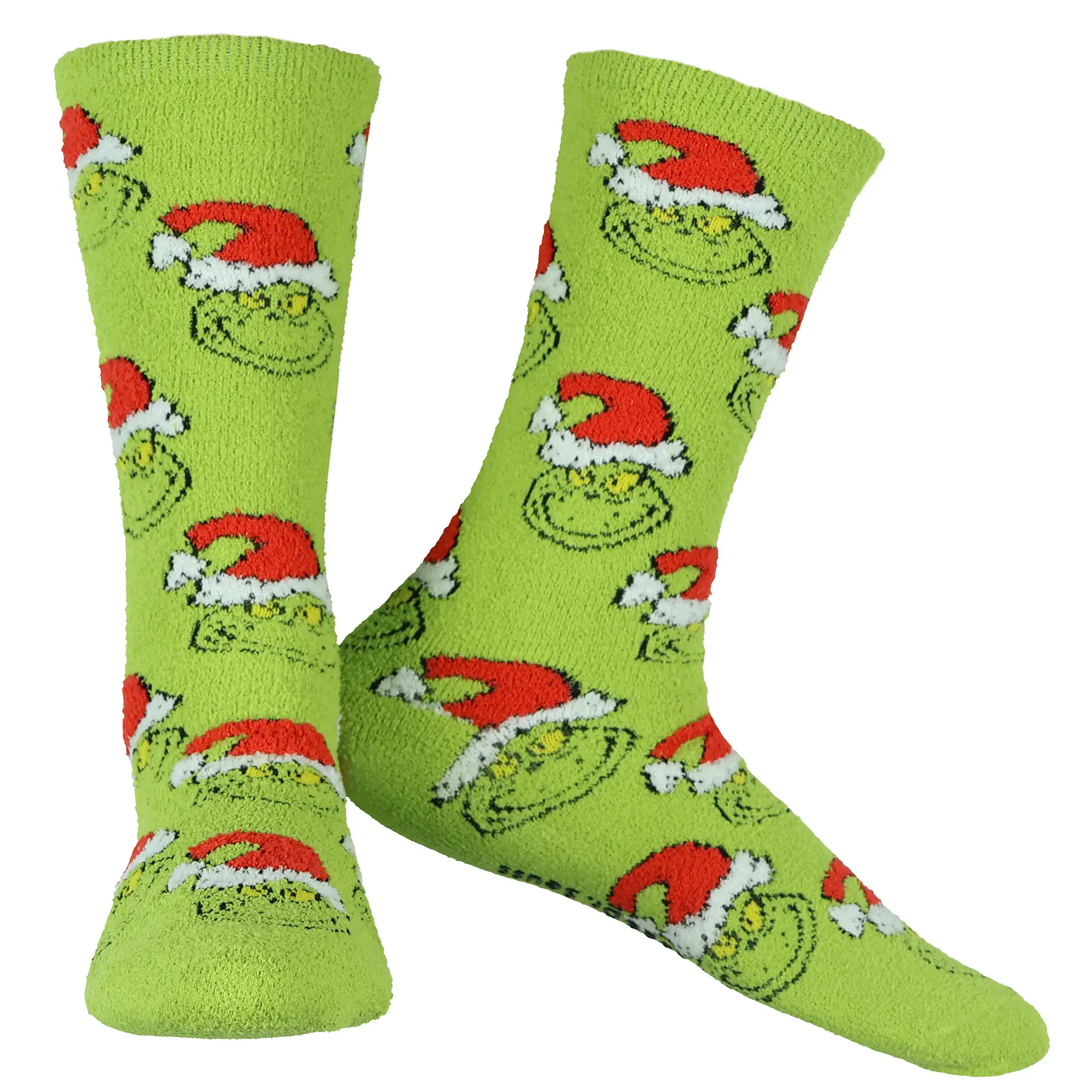 Women's Dr. Seuss The Grinch Santa Hat Crew Socks - 1 Pair (OSFM), Fuzzy, Cozy, Anti-Slip, Stretch, Spandex, Polyester, Textured Loungewear Socks, Plush