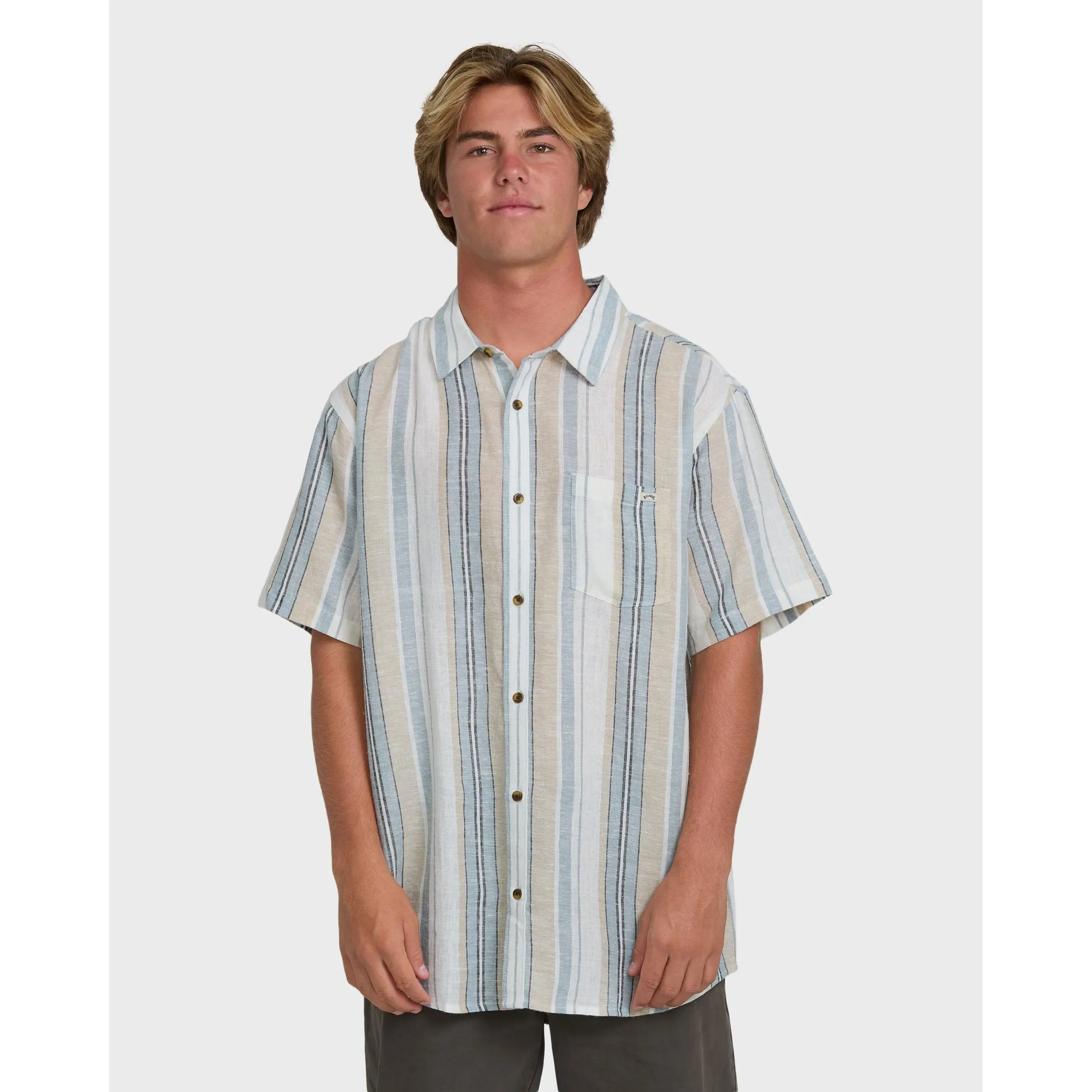 BILLABONG Men's All Day Stripe Short Sleeve Woven Shirt, 100% Cotton Breathable Linen Blend Relaxed Fit