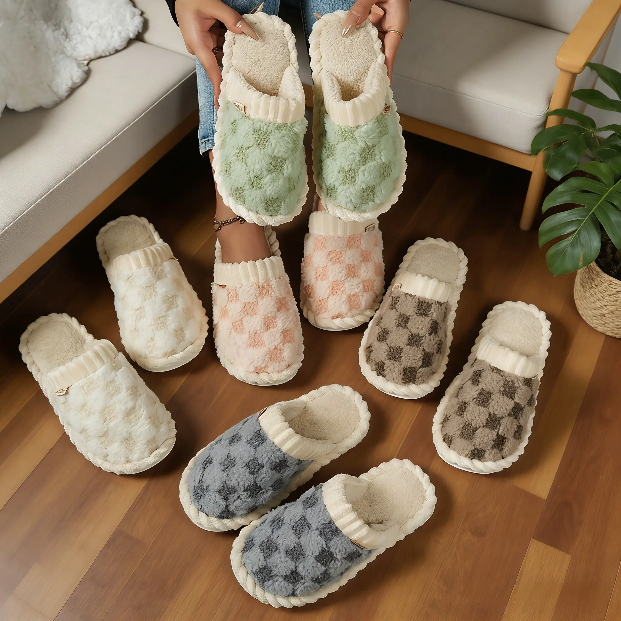 Women's Fuzzy Plaid Slippers, Plush Open Toe Slides with Memory Foam, Lightweight Casual Footwear for Indoor Outdoor Use, Soft, Minimalist, Slippers For Women, Cotton, Slide Shoes, Round Toe, Minimalist Chic, Flexible, Indoor Use, Ankle