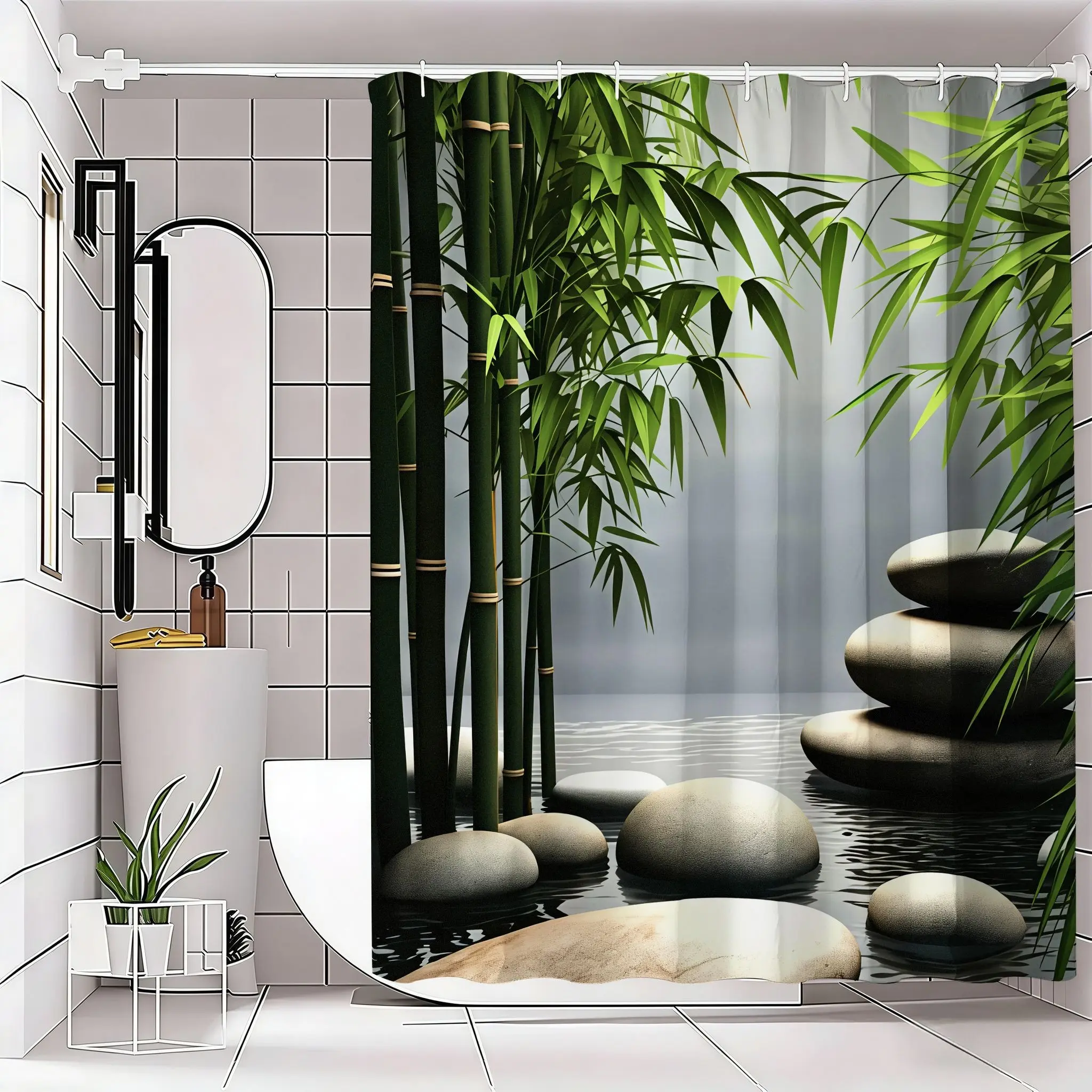 Serene Bamboo Shower Curtain, Peaceful Waterscape, Tranquil Zen Atmosphere, Realistic Stone Stacking, Soft-Focus Waterfall, Spa-Themed Bathroom