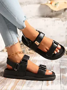 Women's Thick Sole Velcro Buckle Multi Strap Sandals, Round Toe Casual Shoes, Rubber Sole, Medium Width, All Seasons, Beach Outdoor Style