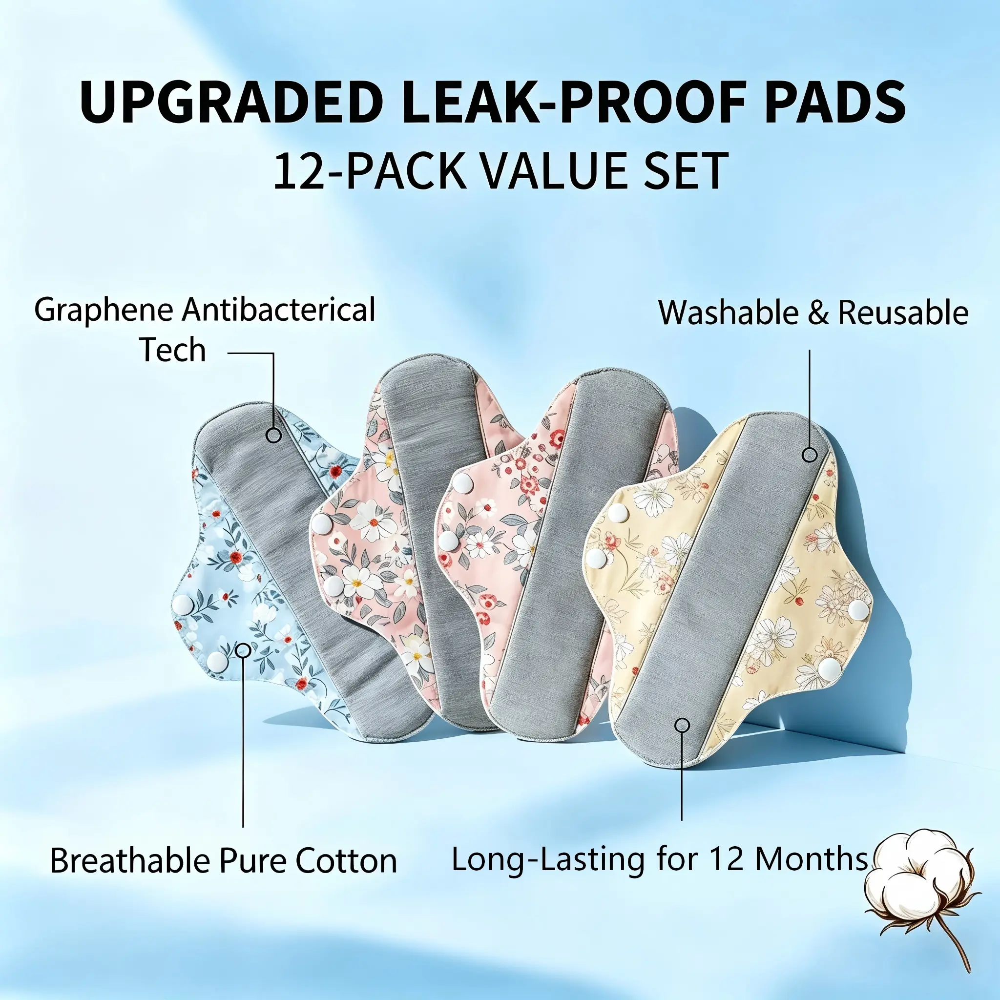 6/12 Pack Graphene Cloth Liners for Bladder Leaks & Period Protection, Washable for Daily Use & Travel, Heavy Flow Absorbency, Moisture, Light, Pantyliners, Feminine Intimate Care, Cloth Pad