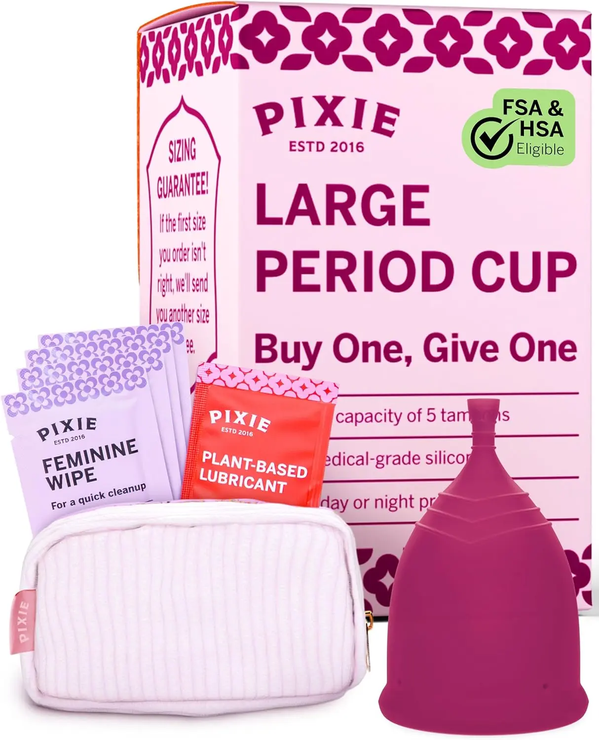 Pixie Soft Menstrual Cup - Ranked 1 for Most Comfortable Reusable Period Cup - Buy One We Give One - Includes Ebook Guide, Cleaning Wipes, Lube, & Storage Bag - Tampon and Pad Alternative (Large, Plum)