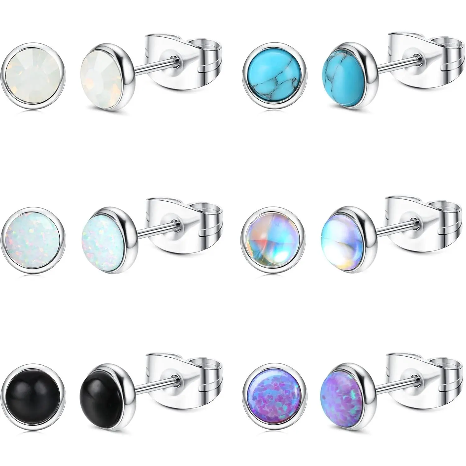 YADOCA 20G 4MM Hypoallergenic Studs Earring Set Moonstone/Turquoise/Round Stud Earrings Stainless Steel Stud Earrings for Women Men 6 Pairs