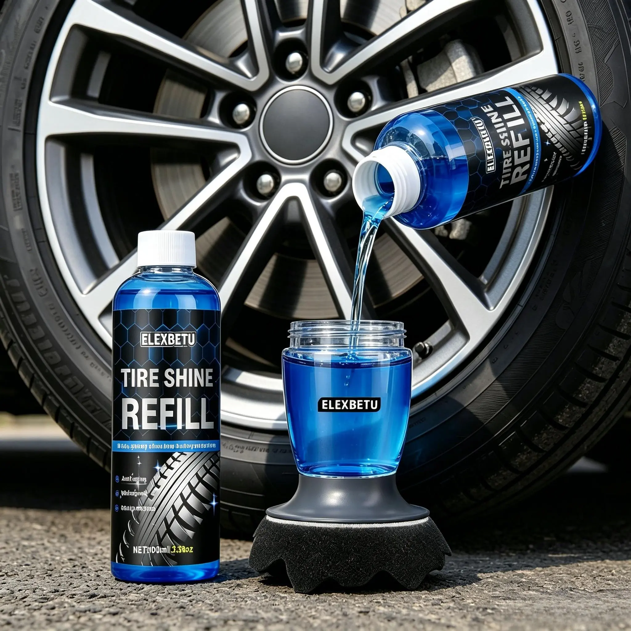 Foam Tire Shine Applicator Tool - Streak-Free, No Messy Hands, Self-Contained Design, Wavy Brush Head, Gloss Enhancement, 1-Coat Jet-Black Glossy Finish, Anti-Aging Rubber for Auto Detailers, DIY Car Detailing