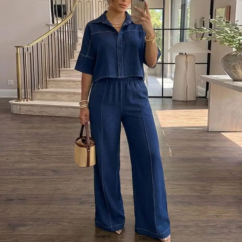CHICME Women's 2 Pieces Outfit Turn-down Collar Half Sleeve Button Front Top and Elastic Waist Wide Leg Pants Set Casual Contrast Stitching Commuting Set Loose Clothes