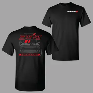 Dodge 392 Shakedown T-Shirt, bold Challenger front view and red performance graphics on back, clean front logo, soft cotton blend shirt, muscle car streetwear for Dodge fans and car guys, Streetwear, 2000s Outfits, Graphic Tee