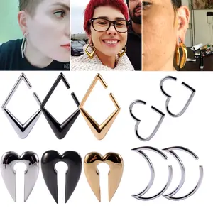 New Stainless Steel Special-shaped Auricle Lock-shaped Four-corner Rhombus Ear Expansion Personalized Heart Moon Earlobe Puncture Earrings