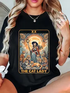 100% Cotton The Cat Lady Tarot Card Shirt Women Pet Kitten Cat Mom Mama T-Shirt