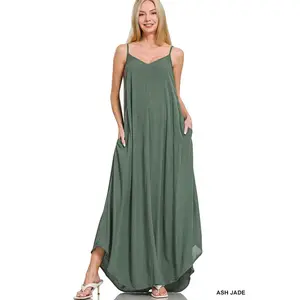 Zenana Woven Crinkle Cami Maxi Dress with Side Pockets