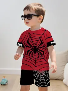 Boys Spider Hero Print Two-Piece Set, Web T-Shirt + Blue Shorts, Casual Loose-Fitting Suit for All Seasons, Cartoon Pattern