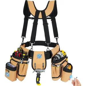 Tool Belt with Suspenders,27-Pockets Heavy Duty Tool Belts for Men,Detachable & Adjustable Work Belt Bag for Electrician,Carpenter,Construction,Utility Toolbelt,Valentines Day Gifts for Men,Brown