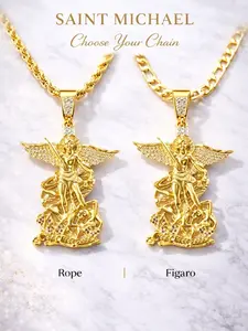 14K Gold Plated San Miguel St Michael Archangel Bling Crystal Pendant Rope Figaro Link Chain Necklace - Religious Jewelry Unisex Piece for All Occasions