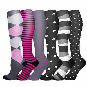 6 Pairs Graduated Compression Socks with 15-20mmHg Support  Colorful Healthcare Themed Design for Improved Circulation & Reduction, Polyester Fabric, Hand Wash Only, Healthcare Socks,Checkered Pattern,Polyester Socks,Compression Sock