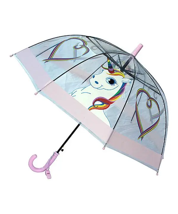 212 MAIN Kids' Whistle-Equipped 29in Diameter Automatic Synthetic Rain Umbrella (FOX-622-78) - Foxfire Rainbow Unicorn Print, Clear, Push Button Quick Open Retractable, Lightweight, Wipe Clean, Ideal Children's Gift, 29 Inches