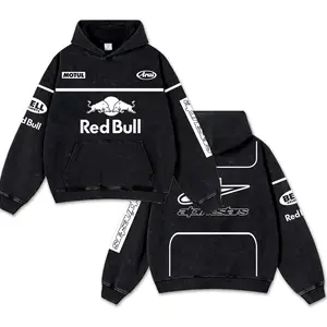 Retro White Red Racing Washed Hoodie Motor World Champion Enthusiast Apparel Streetwear Racing Team Super Motorsports Clothing Motobike Riders Supermotor Off-Road Dirt Bike Fan Gear Cotton For Motor Fan Relaxed Fit Breathable