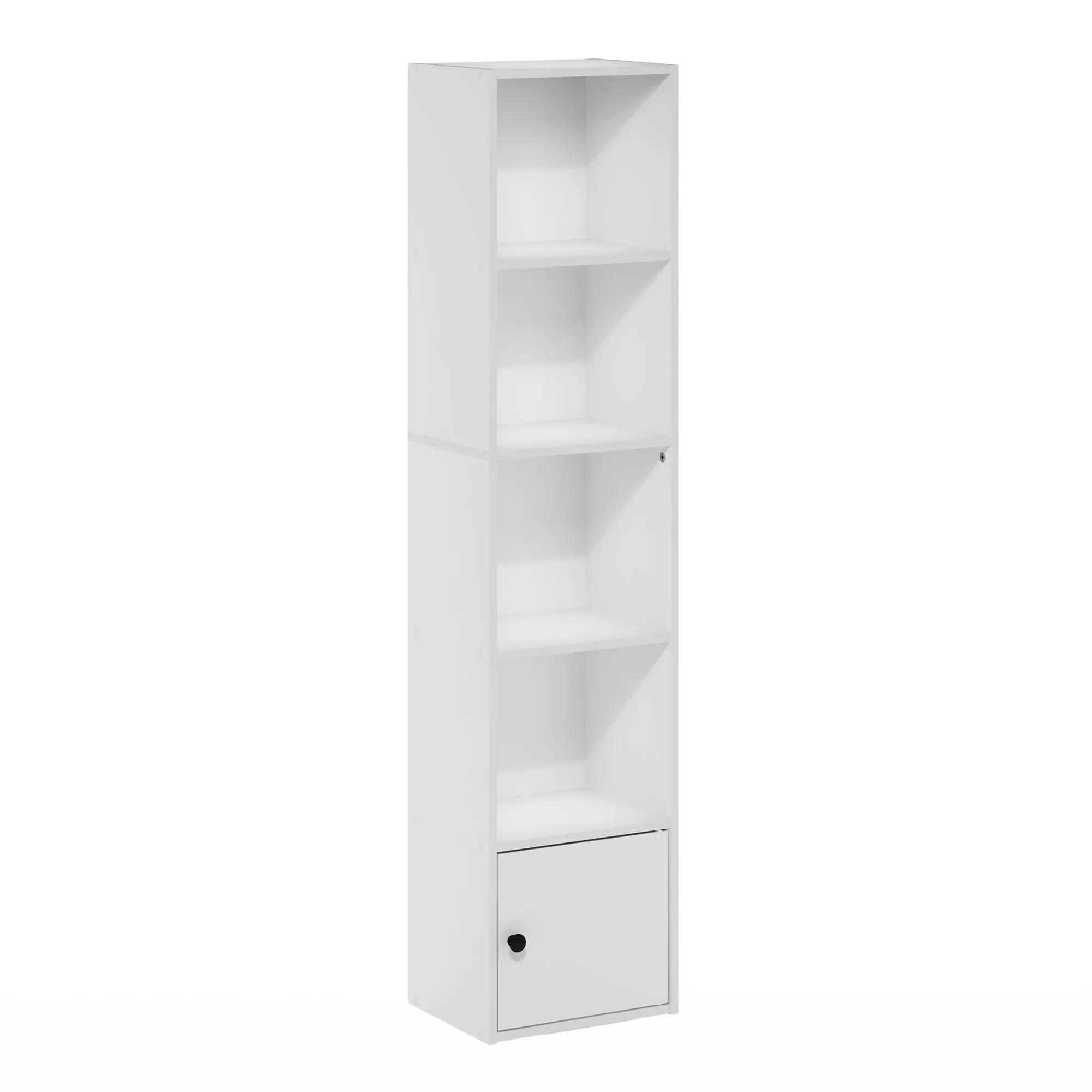LUDER Contemporary 5-Tier Wood Bookshelf - Open Multi-Layer Rack with 1-Door Cabinet, 9.3x12x52in Shelves, Indoor Furniture for Shelves for Bedroom, Room Storage, Home Library & Study Setup, White