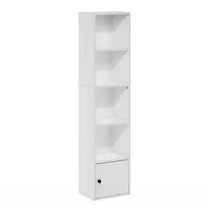 LUDER Bookcase, 5-Tier Modern Bookshelf, Bookcase with 1 Door Cabinet, 9.3 x 12 x 52, for Living Room Bedroom Home Office, White