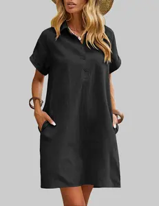 Zeagoo Live Women's Cotton Shirt Dress Summer Casual Short Sleeve Button Down Beach Cover Up Shirts with Pockets