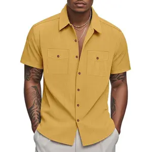 Men's Regular Fit Plain Corduroy Short Sleeve Shirt, Casual Retro Double Pocket Lapel Shirt for Summer, Fashion Men's Top for Daily Wear(Sheet)