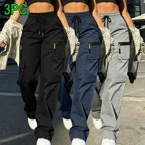 Women’s summer breathable cargo pants 3-piece set — lightweight, quick-drying casual outdoor long pants with drawstring and faux zipper details, multiple pockets, adjustable waistband (also available in women’s plus-size long pants).