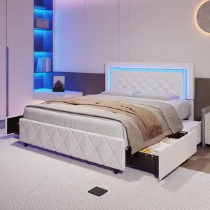 Twin/ Full/ Queen Bed Frame With Drawers, Upholstered Bed Frame With LED Lights, Modern Platform Bed Frame With Headboard And Footboard, Diamond Tufted Design, No Box Spring Needed, White/ Pink/ Black/ Purple/ Yellow  ( USB LED Strip)