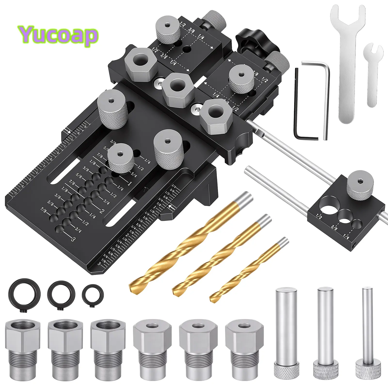 YUCOAP Adjustable Dowel Jig Kit with Clamp, Precision Woodworking Jig for 1/4", 3/8" and 1/2" Dowel Holes, Fits Various Wood Thicknesses