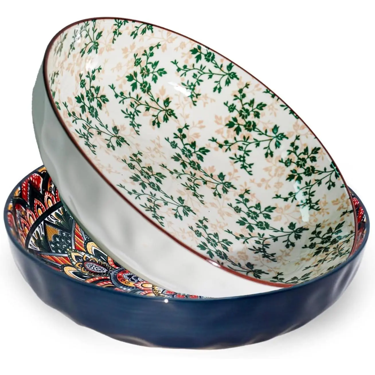 75 Oz Serving ,2 Pack Bohemian Style Large Porcelain Dishes for Entertaining Parties,Big  for Eating Soup, Salad, Pasta, Fruit, Chips, 10.3 Inch Diameter (blue Beige)