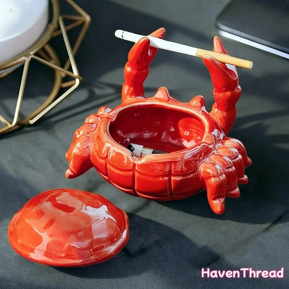 HavenThread Whimsical Crab-Shaped Ceramic Ashtray with Lid - Windproof Home Supply, Desk Cigarette Rest Grooves, 3D Art Ashtrays, Funky Unique Home Decor, Decor Ornaments, Quirky Crab Charm, Gift for Smokers Parents Partner, Room Decor
