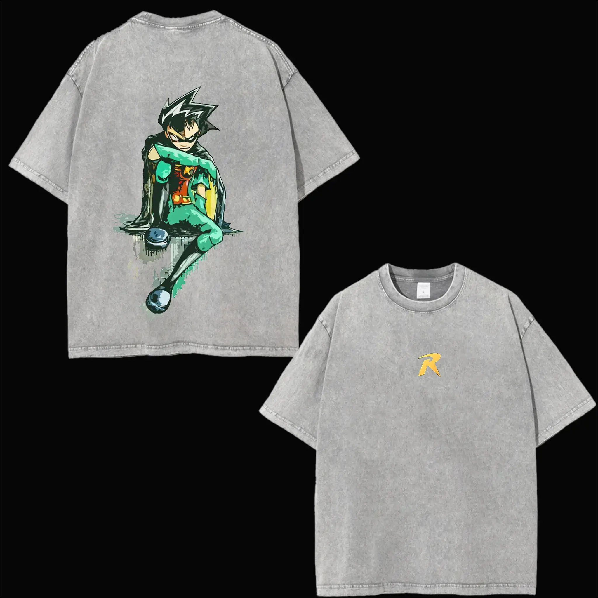 Men's Retro Robin Teen Titans Superhero Comic Vintage Double-Printed Short-Sleeve Cotton Loose-Fit Oversize Acid-Washed Graphic Tee - Round Neck, Lightweight Soft Casual Top, Superhero Enthusiasts Gift, Medium Length, Unisex Sizes, Check Size Chart