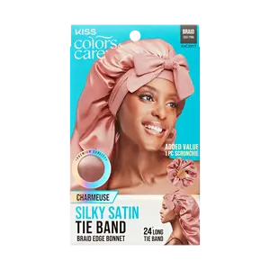 Kiss Colors & Care Silky Satin Tie Band Braid Edge Bonnet - Dust Pink