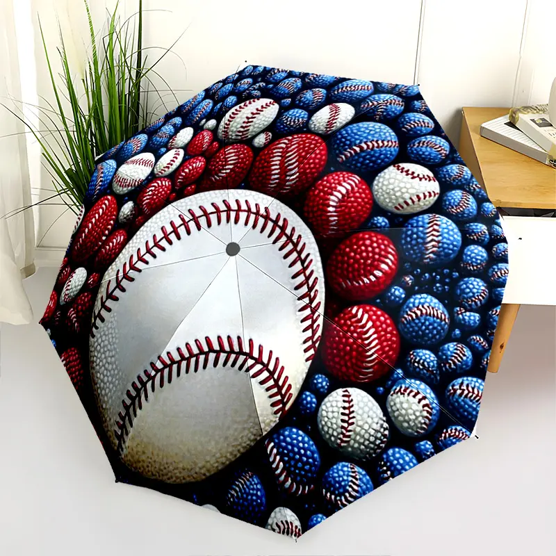 1 PC Automatic Folding Umbrella - Baseball Artwork: A Circular Arrangement of Baseballs Pattern, Portable & Foldable Design with 8 Ribs, Merry Christmas Pattern,Casual Outdoor Accessory Halloween and Christmas Birthday Gifts. E0053