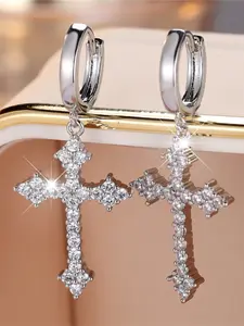 A pair of cross-shaped earrings made of synthetic white zirconia are fashionable, elegant and simple, suitable for women to wear at travel wedding parties Cross Dangle Earring Artificial Zirconia Earrings