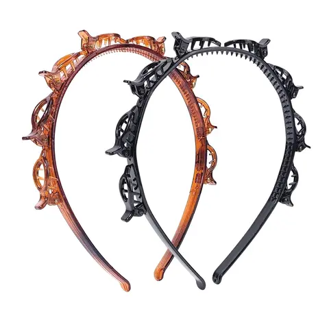 2 Pack Clip Headband for Twisty Bangs 90s Hair Accessories for Women with 8 Mini Clips Braided Hair Clip Headbands for Y2K Fashion Styling Black and Brown