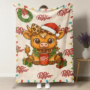 Cartoon Cute Highland Cow Pattern Blanket Dr Pepper Soft Warm Throw Blanket soft fluffy slogan print fleece decorative giftable heartfelt gift