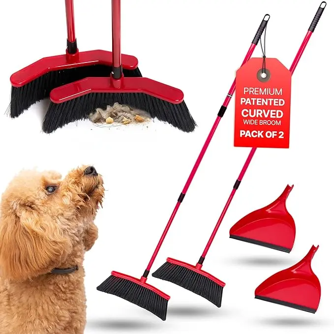 Da Vinci House Broom Combo - 2 Pack with 52-inch Steel Telescopic Pole & 15-inch Dustpans for Pet Hair Dust Debris Cleaning