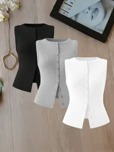 Design Sleeveless Round Neck Vest Set, Button Front, Waist Cinched, Show off Curves, Three-Piece, Fashionable and Stylish, Womenswear