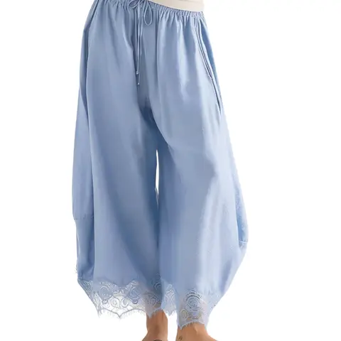 Arssm Women's Cropped Lace-Hem Pants High Waisted Drawstring Wide Leg Pants Casual Lightweight Trousers with Pockets