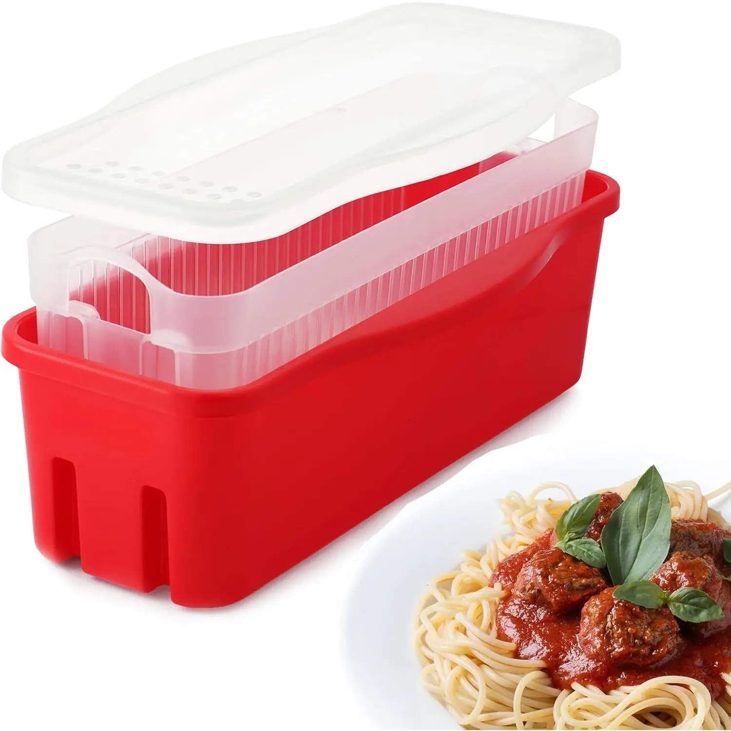 Microwave Pasta Cooker with Double Straining System, Microwavable Spaghetti Cooker with Drainer, Dorm  for Kitchen, Fast Pasta Boat with Strainer Tray and Lid.