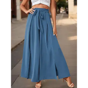 Women'S Tie Front High Waist Side Split Wide Leg Pleated Pant with Belt Fabric Womenswear